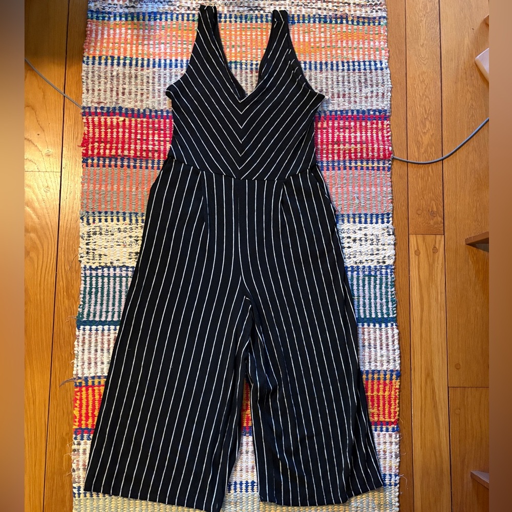My Michelle Black and White Pinstripe V-Neck Wide-Leg Jumpsuit
